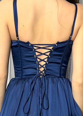 Maeve Corset Midi Dress - Navy Satin - Glamourous Grace