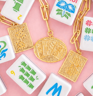 Mahjong Charm Tile Necklace- Paper Clip chain  - 18k Gold Plated - Glamourous Grace