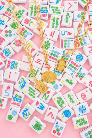 Mahjong Charm Tile Necklace- Paper Clip chain  - 18k Gold Plated - Glamourous Grace
