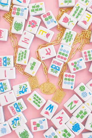 Mahjong Charm Tile Necklace- Paper Clip chain  - 18k Gold Plated - Glamourous Grace