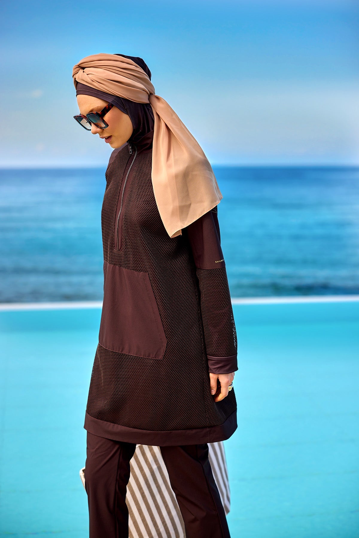 Brown Full Coverage Tulle Detail Modest Swimwear Burkini Set M2534-4 - Glamourous Grace