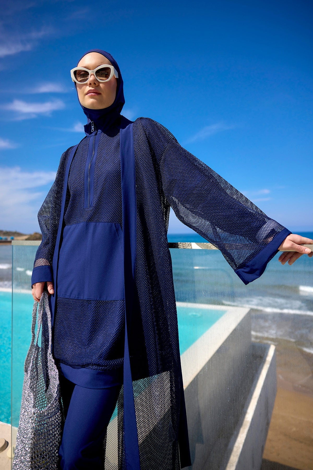 Navy Full Length Modest Mesh Kimono – Lightweight Islamic Swim Cover P2501-2 - Glamourous Grace