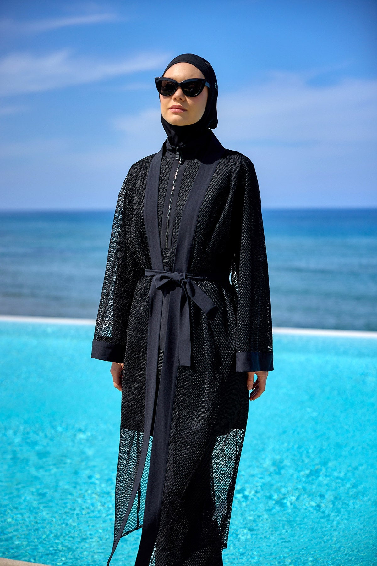 Black Full Coverage Mesh Kimono – Lightweight Islamic Beach Cover-Up P2501-1 - Glamourous Grace