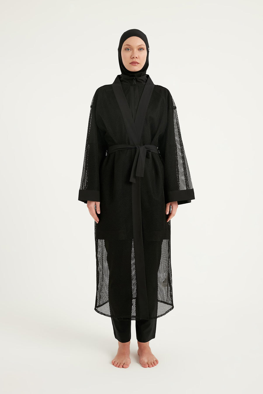 Black Full Coverage Mesh Kimono – Lightweight Islamic Beach Cover-Up P2501-1 - Glamourous Grace