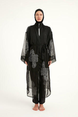 Marina Black & White Damask Chiffon Kimono - P2515