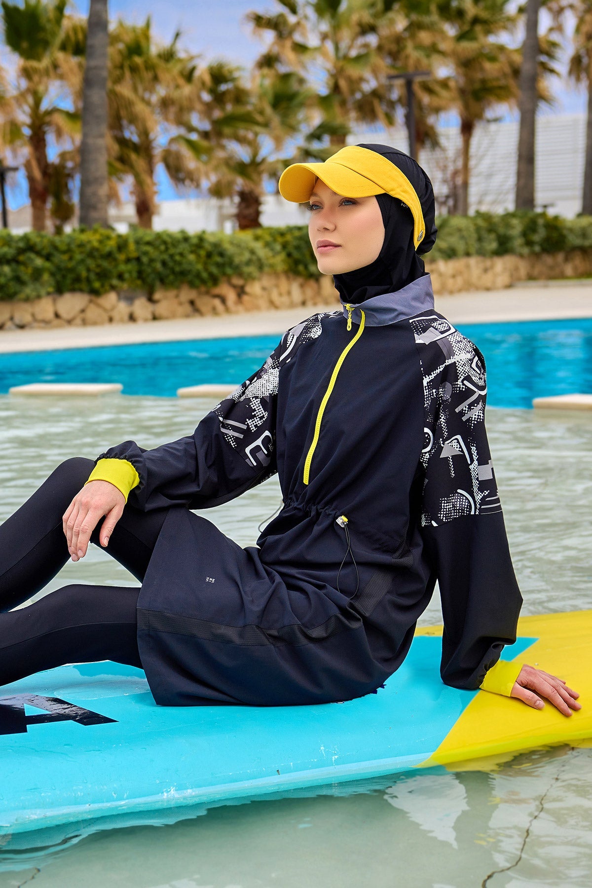 Black Full Coverage Modest Burkini with Sleeve Detail M2512 - Glamourous Grace