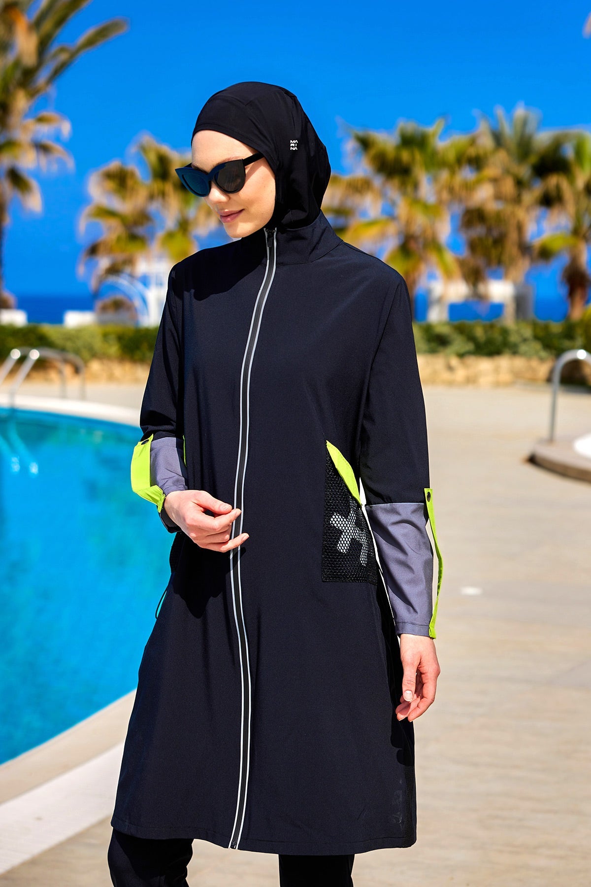 Black Full Coverage Modest Swimwear with Mesh Pocket – M2522 - Glamourous Grace