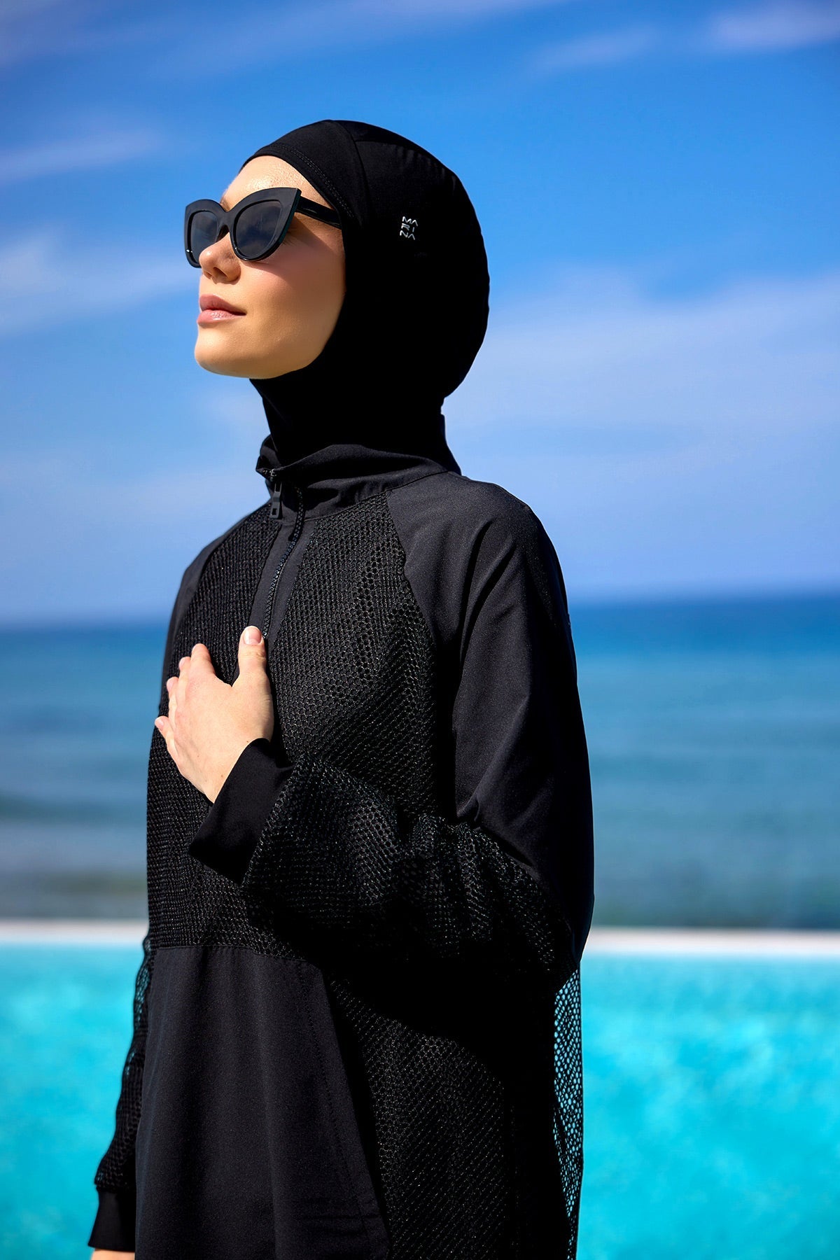 Black Tulle Detail Full Coverage Swimwear Burkini M2534-1 - Glamourous Grace