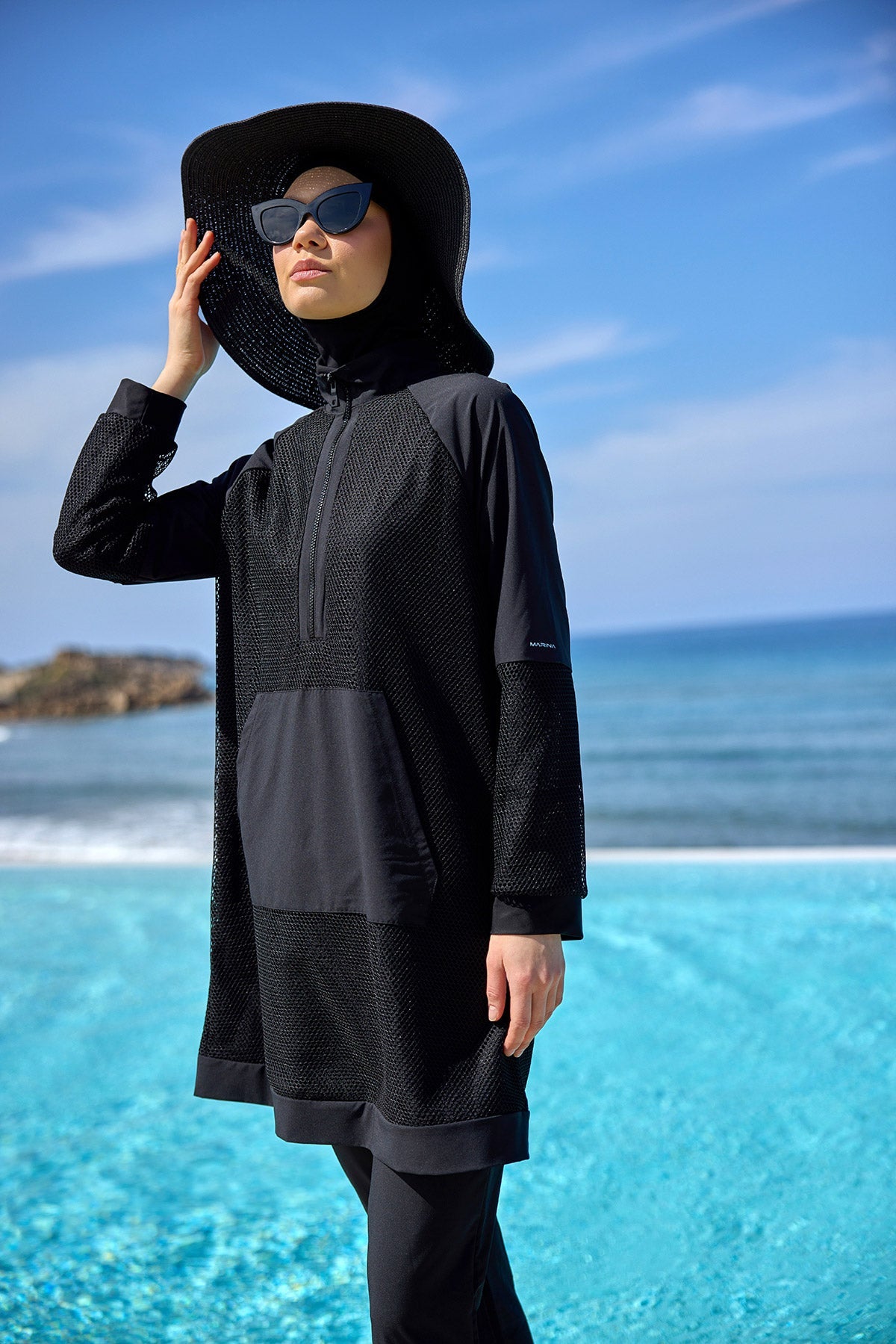 Black Tulle Detail Full Coverage Swimwear Burkini M2534-1 - Glamourous Grace