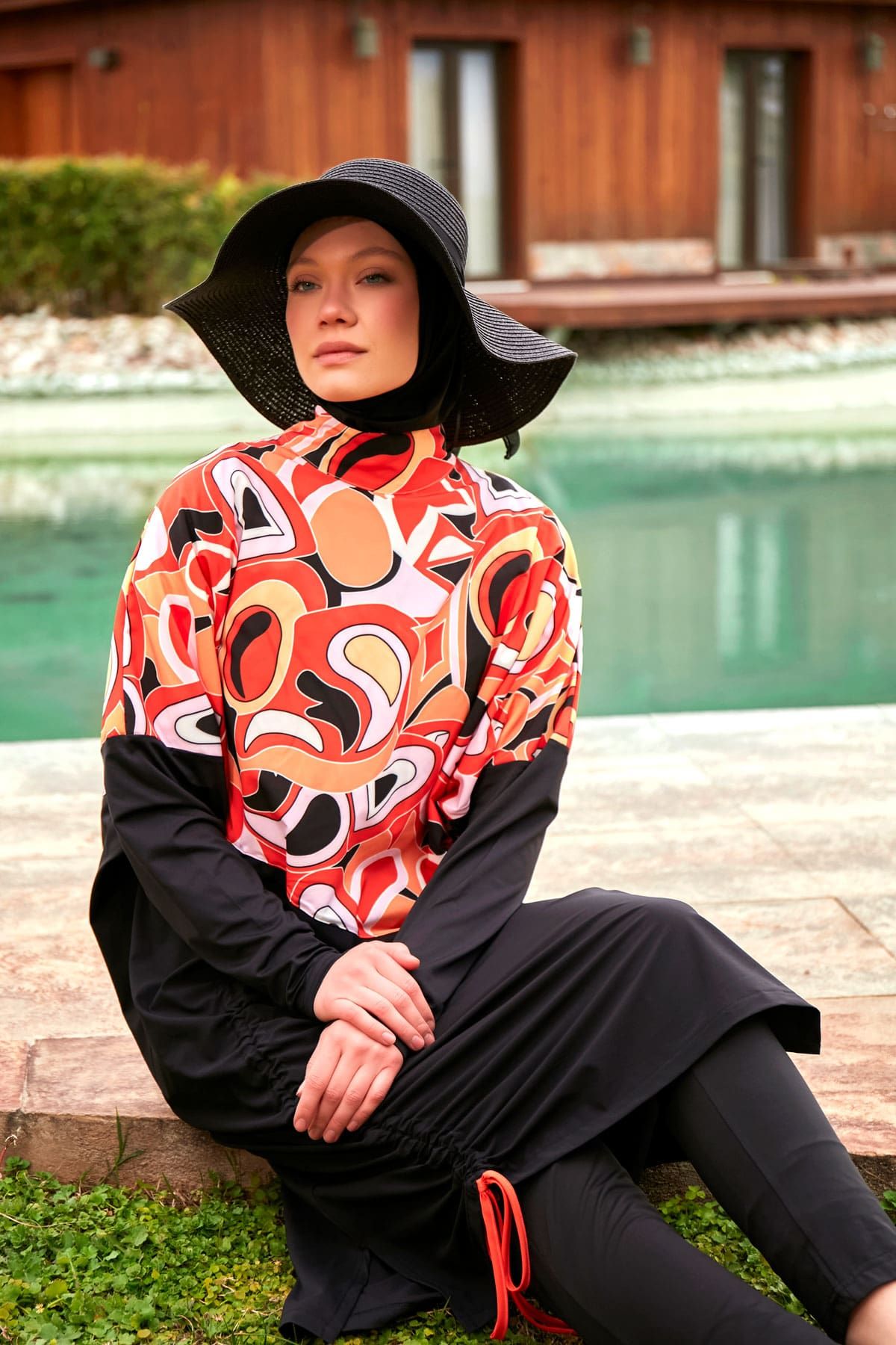 Woven Black Burkini Modest Swimwear M2426