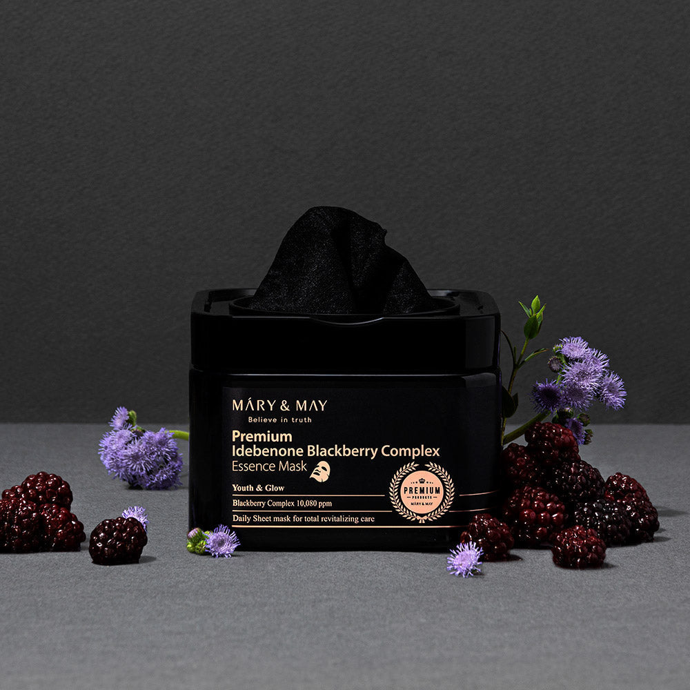 [MARY & MAY] Premium Idebenone Blackberry Complex Essence Mask 250g (20ea) - Glamourous Grace