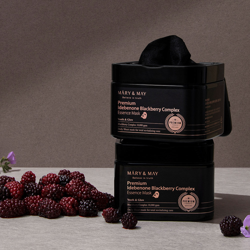 [MARY & MAY] Premium Idebenone Blackberry Complex Essence Mask 250g (20ea) - Glamourous Grace