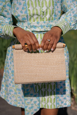 Mary Natural Straw Clutch - Bamboo Natural Handle - Glamourous Grace