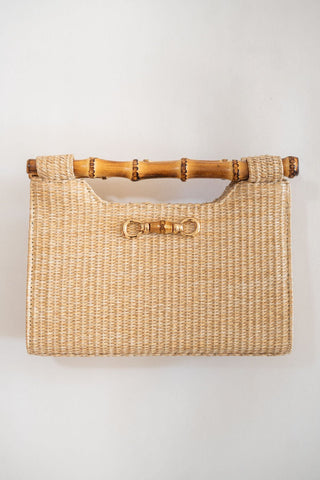 Mary Natural Straw Clutch - Bamboo Natural Handle - Glamourous Grace