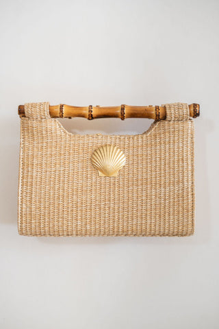 Mary Natural Straw Clutch - Bamboo Natural Handle - Glamourous Grace