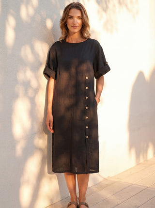 100% Linen Round Neck Button Detail Midi Dress JELENA - Glamourous Grace