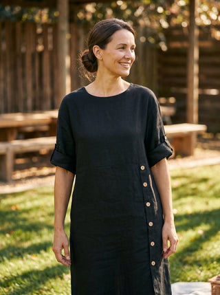 100% Linen Round Neck Button Detail Midi Dress JELENA - Glamourous Grace