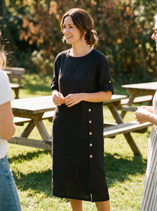 100% Linen Round Neck Button Detail Midi Dress JELENA - Glamourous Grace