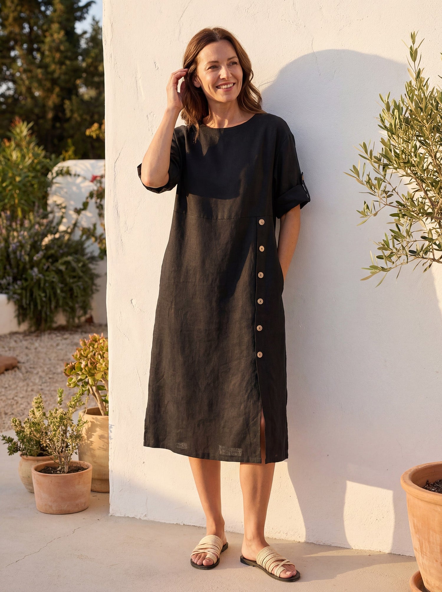 100% Linen Round Neck Button Detail Midi Dress JELENA - Glamourous Grace