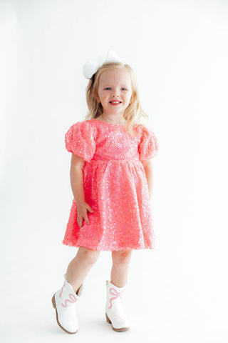 Neon Pink Puff Sleeve Sequin Dress