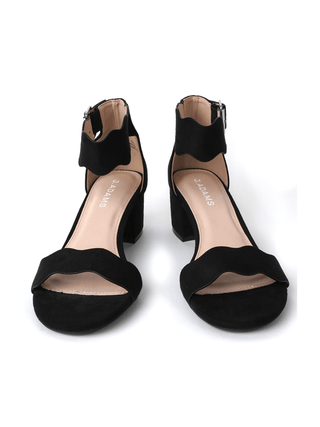 Black suede J.Adams Mimi sandals with open toe design and ankle strap, showcasing stylish and comfortable footwear.