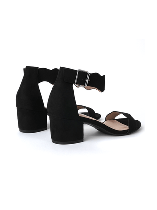 Black suede J.Adams Mimi sandals with open toe and ankle strap, stylish and comfortable footwear for casual or dressy occasions.