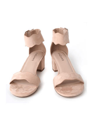 J.Adams Mimi blush suede sandals with open toe and ankle strap, showcasing soft blush-colored suede material.