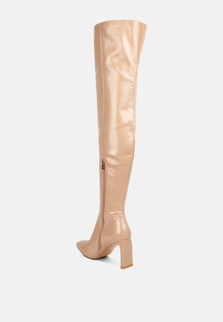 Minkles Patent Pu Long Slim Block Heeled Boots - Glamourous Grace