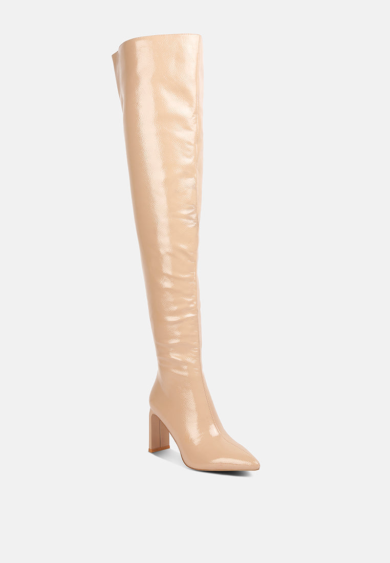 Minkles Patent Pu Long Slim Block Heeled Boots - Glamourous Grace