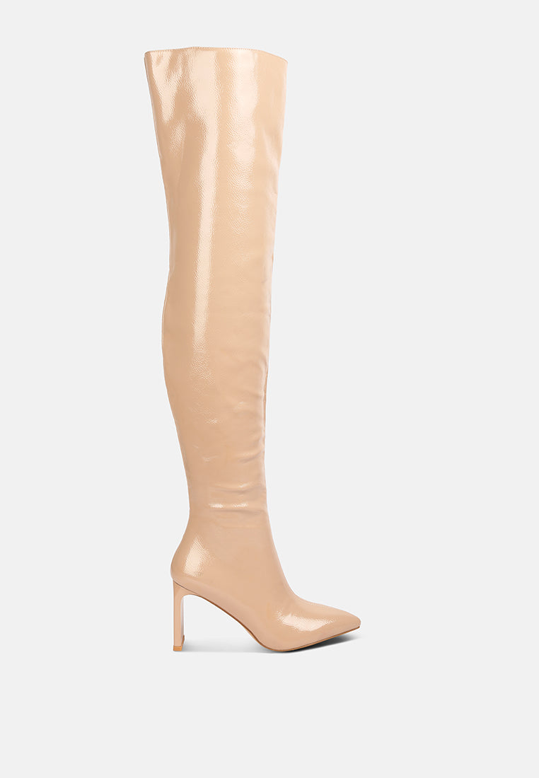 Minkles Patent Pu Long Slim Block Heeled Boots - Glamourous Grace