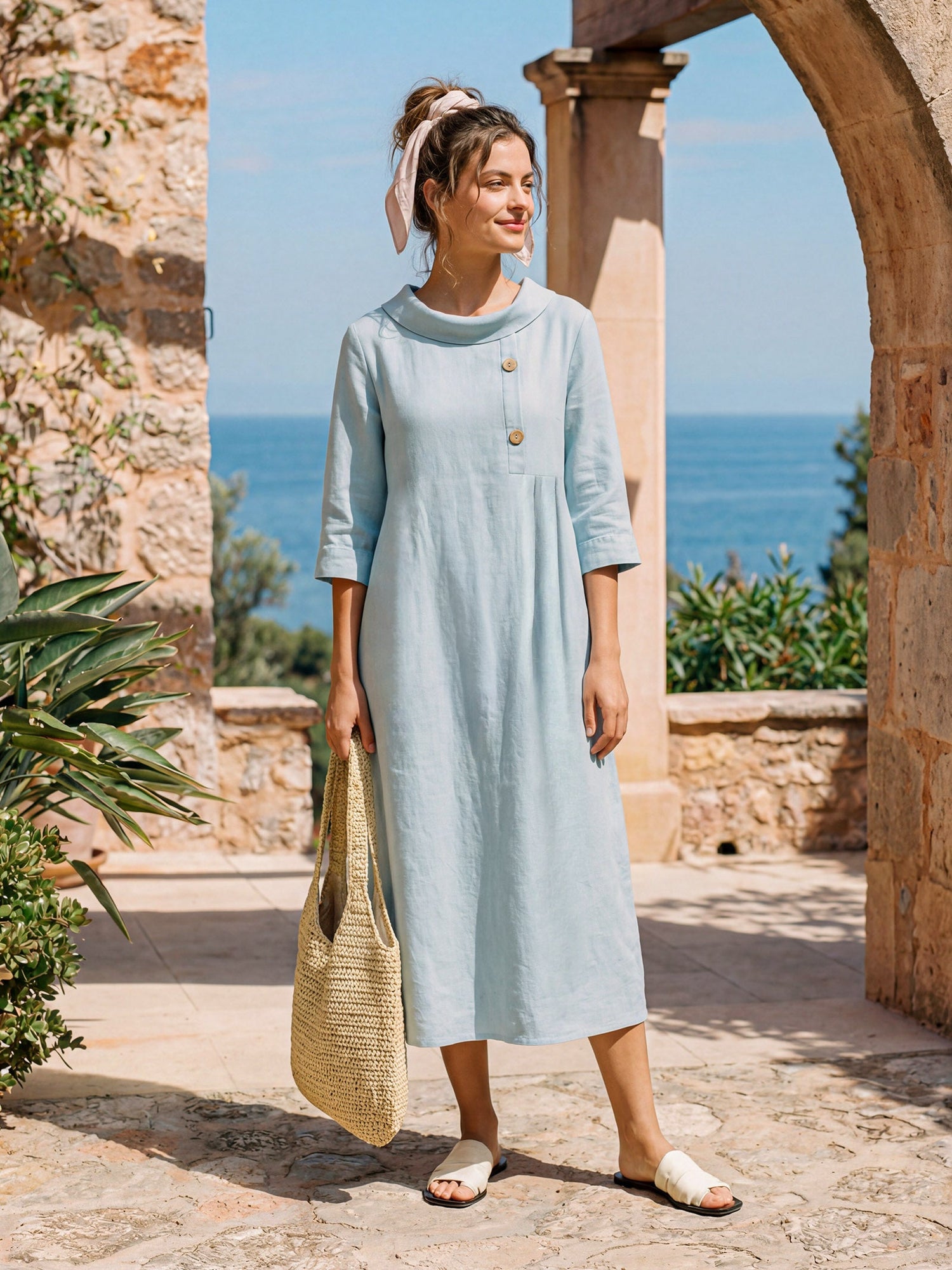 100% Linen Rolled Collar Asymmetric Button Maxi Dress ELARAINE - Glamourous Grace