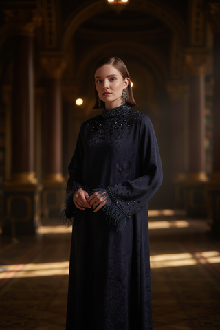 Nadia Feather Trim Beaded Abaya Cinematic