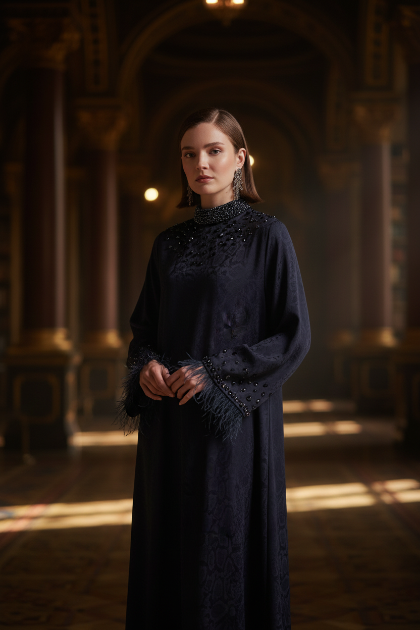 Nadia Feather Trim Beaded Abaya Cinematic