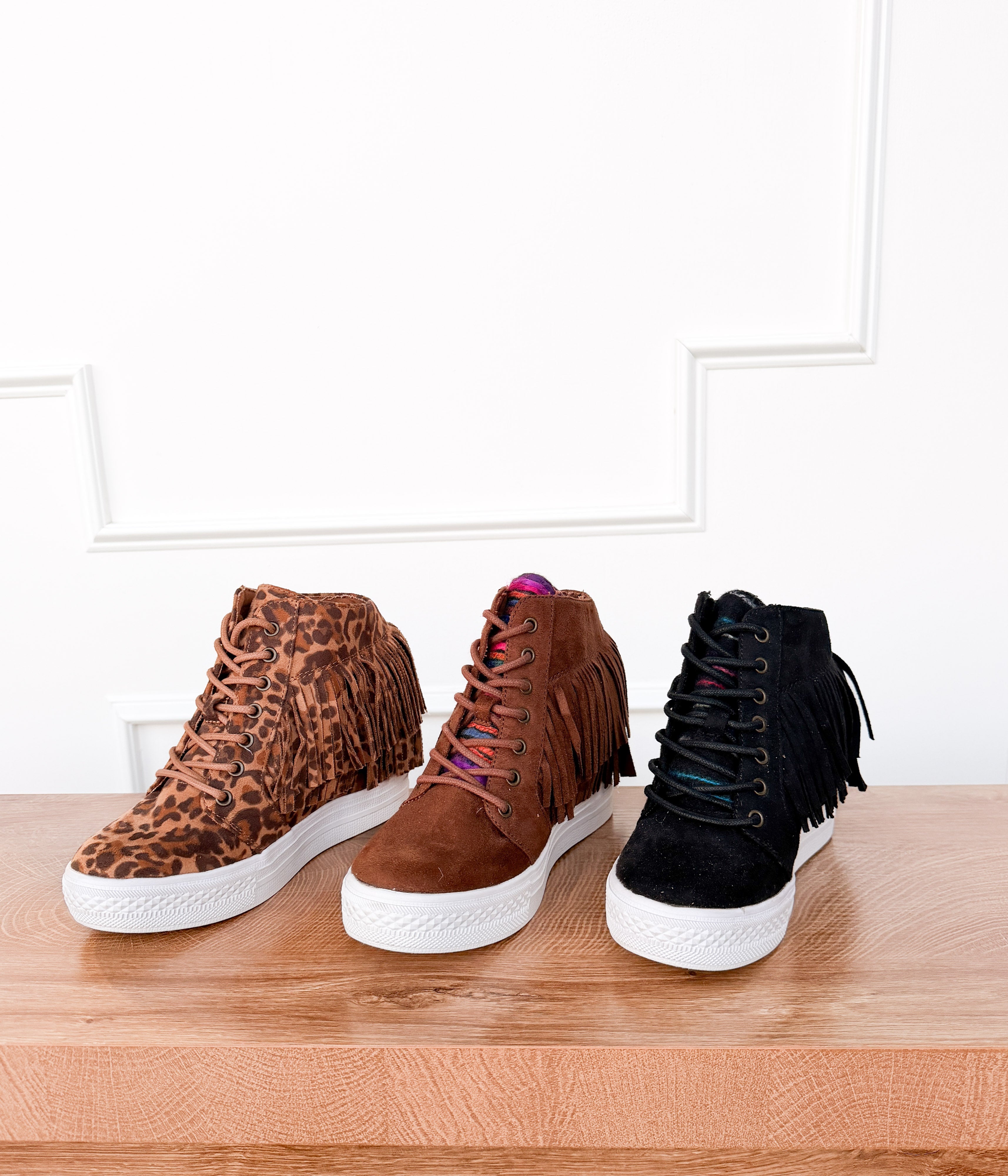 Nick Fringe Sneaker Wedge in Leopard - Glamourous Grace
