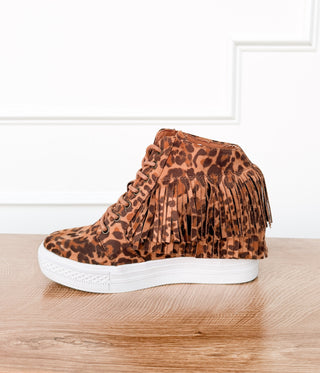 Nick Fringe Sneaker Wedge in Leopard - Glamourous Grace