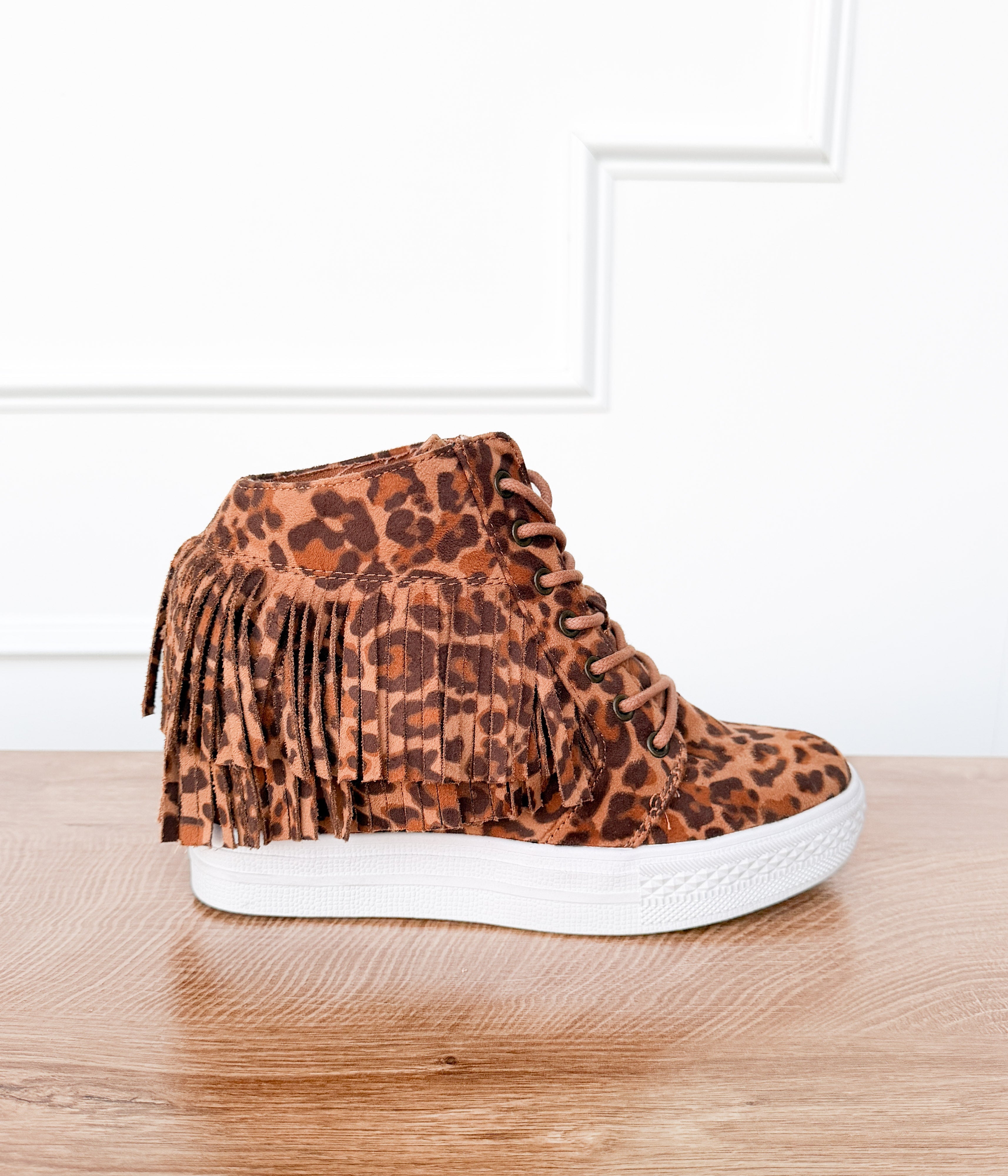 Nick Fringe Sneaker Wedge in Leopard - Glamourous Grace