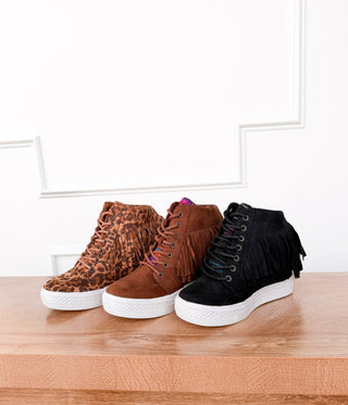 Nick Fringe Sneaker Wedge in Brown - Glamourous Grace