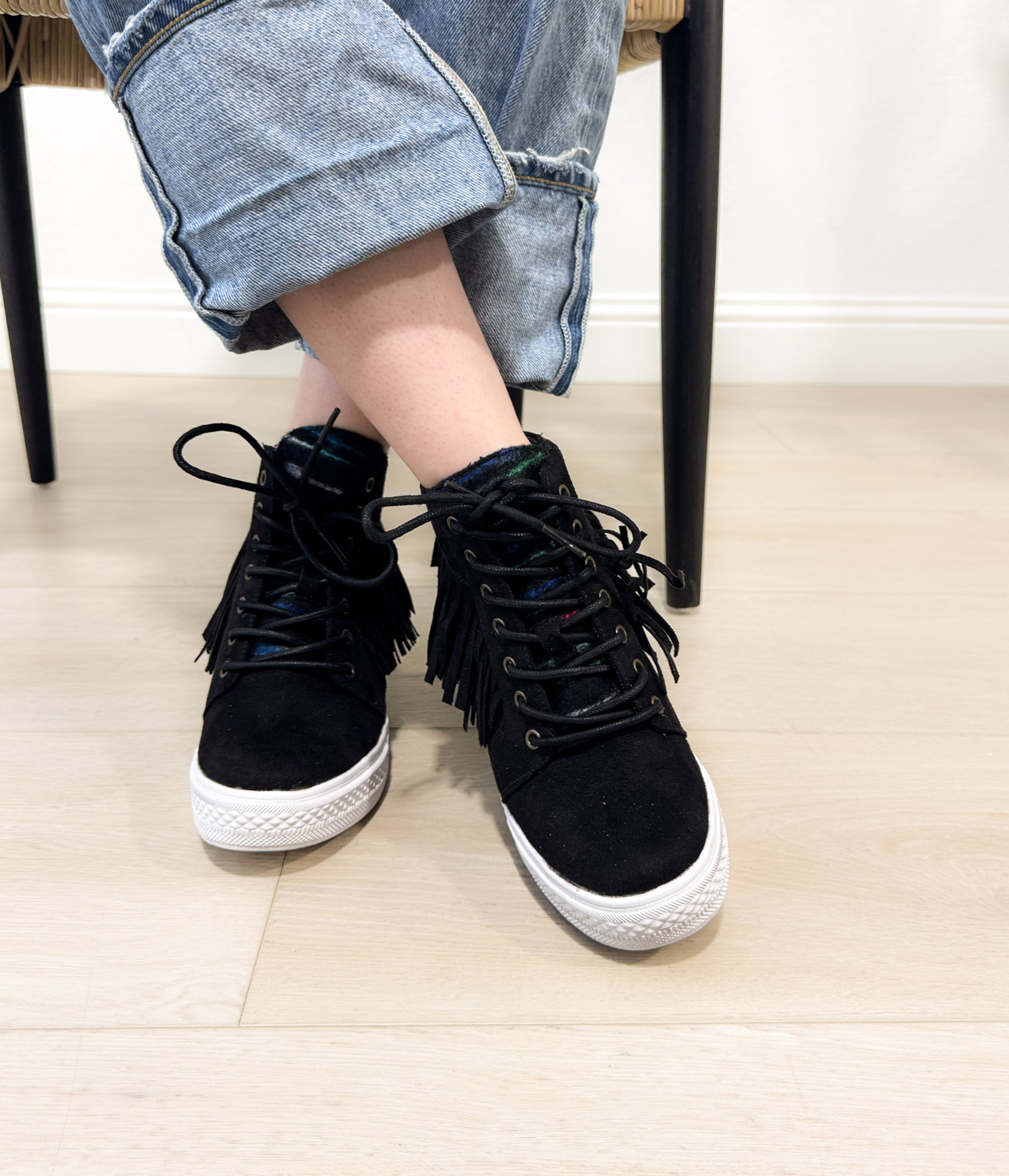 Nick Fringe Sneaker Wedge in Black - Glamourous Grace
