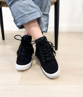 Nick Fringe Sneaker Wedge in Black - Glamourous Grace