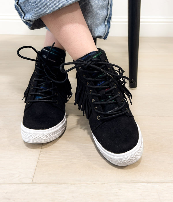 Nick Fringe Sneaker Wedge in Black - Glamourous Grace
