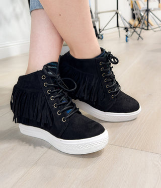 Nick Fringe Sneaker Wedge in Black - Glamourous Grace