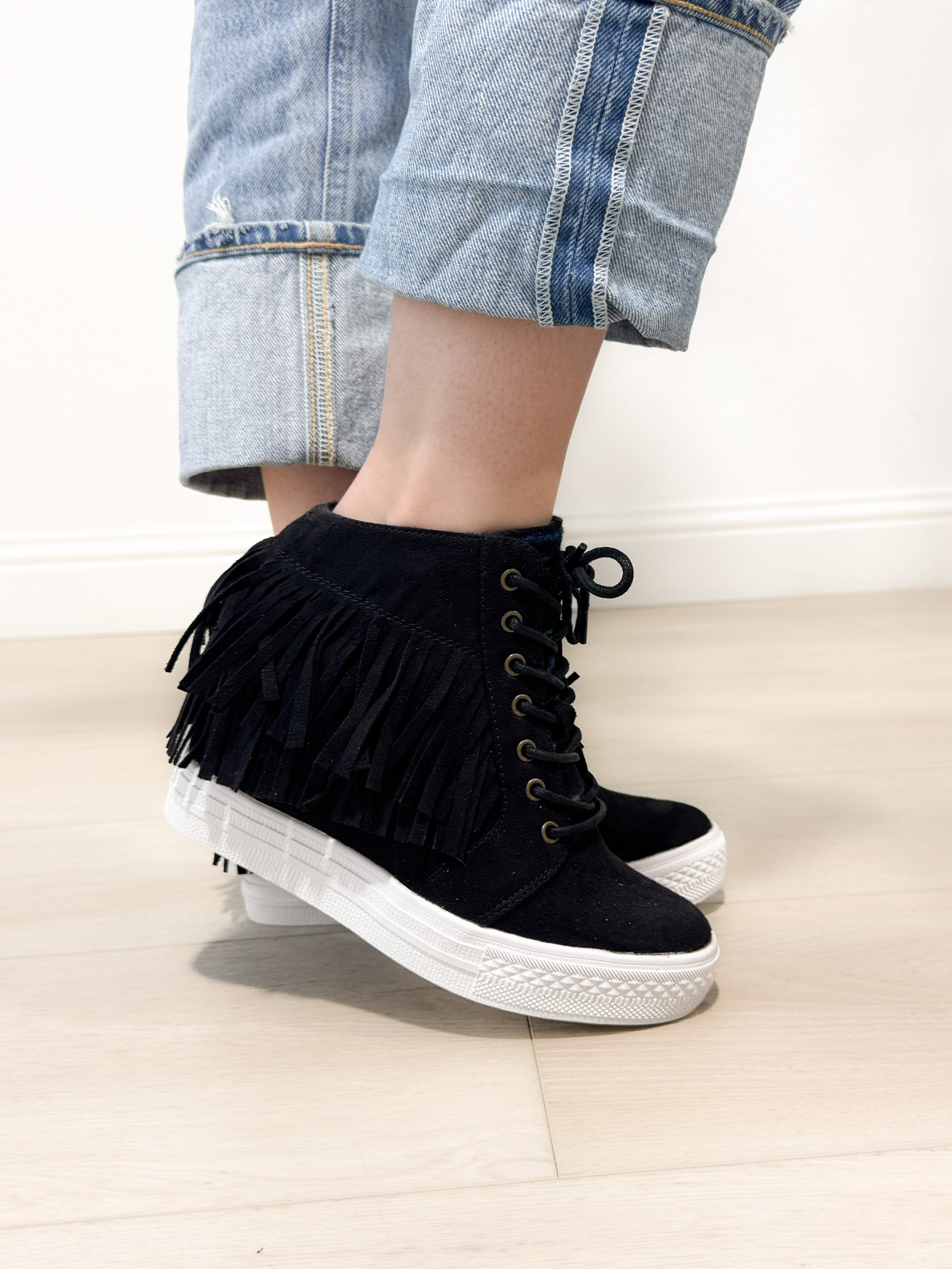 Nick Fringe Sneaker Wedge in Black - Glamourous Grace