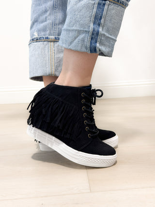 Nick Fringe Sneaker Wedge in Black - Glamourous Grace