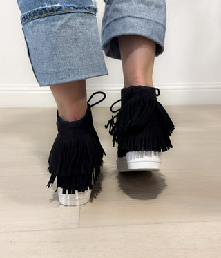Nick Fringe Sneaker Wedge in Black - Glamourous Grace
