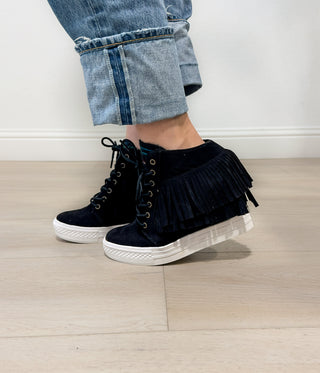 Nick Fringe Sneaker Wedge in Black - Glamourous Grace