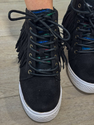 Nick Fringe Sneaker Wedge in Black - Glamourous Grace