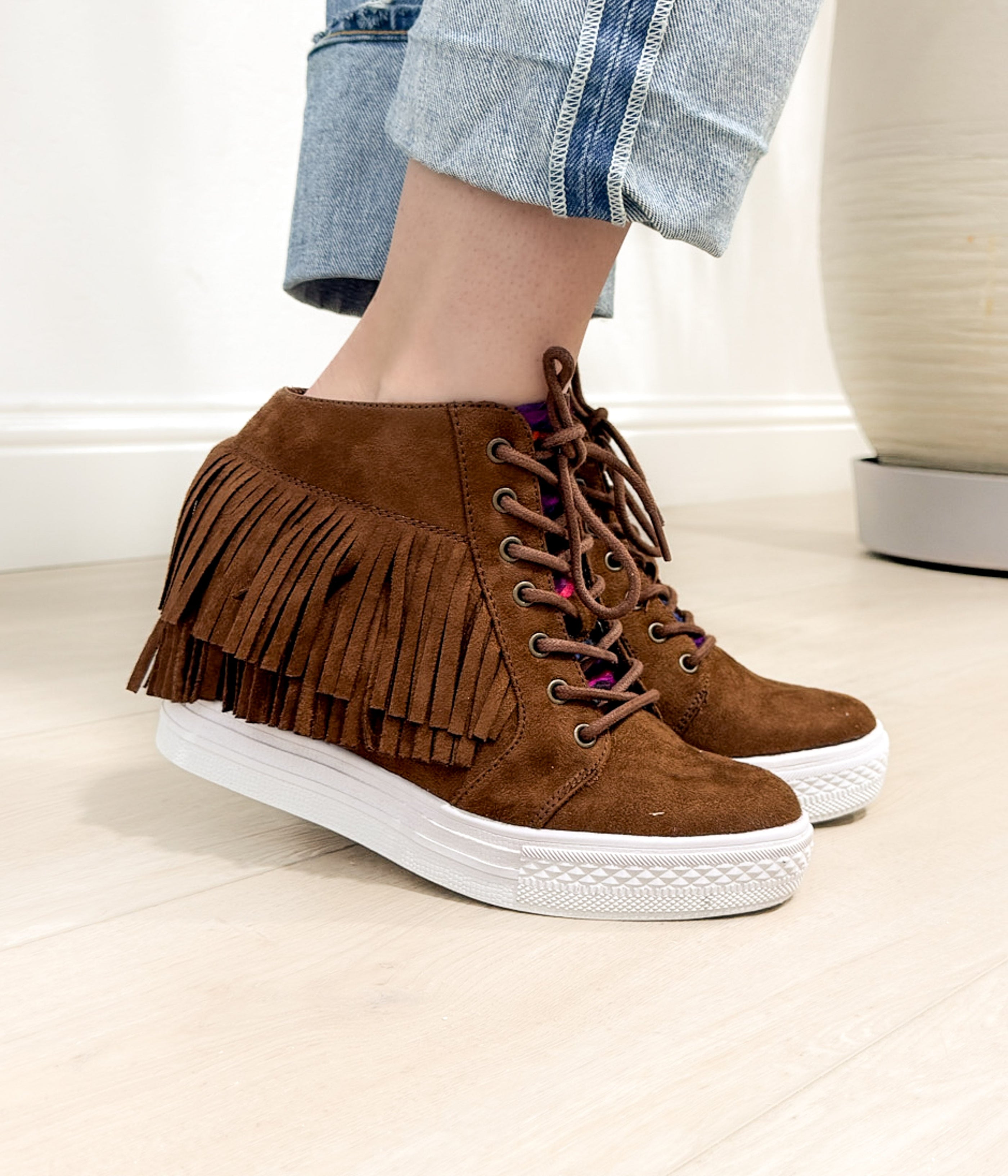 Nick Fringe Sneaker Wedge in Brown - Glamourous Grace