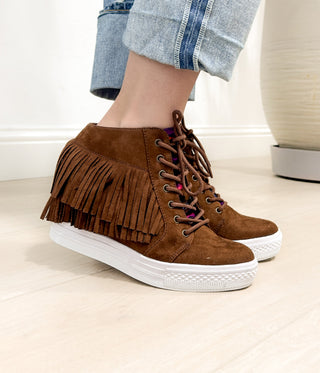 Nick Fringe Sneaker Wedge in Brown - Glamourous Grace
