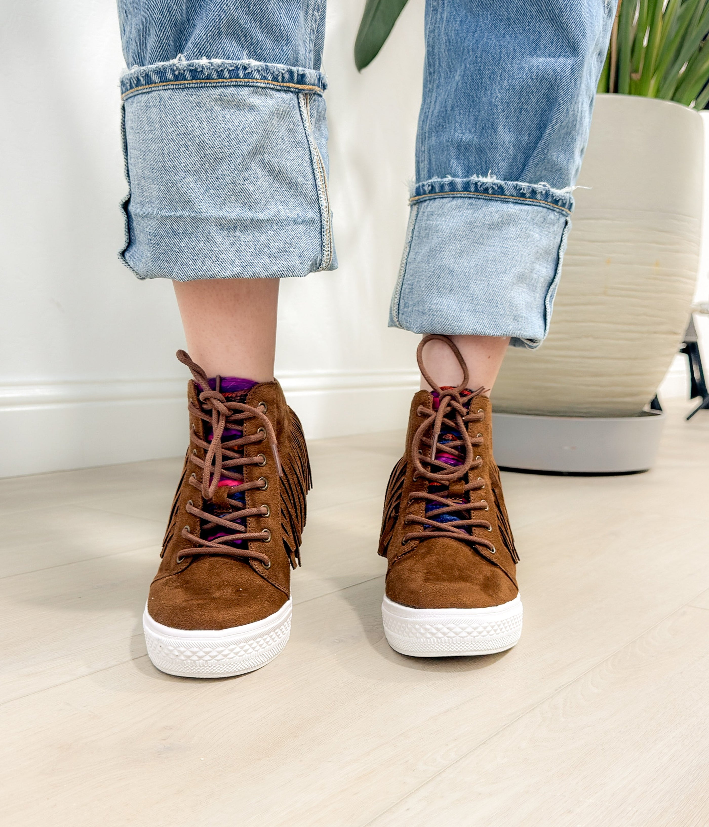 Nick Fringe Sneaker Wedge in Brown - Glamourous Grace