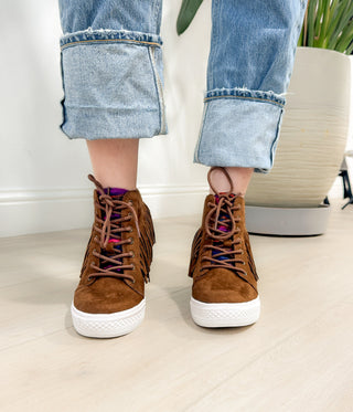 Nick Fringe Sneaker Wedge in Brown - Glamourous Grace